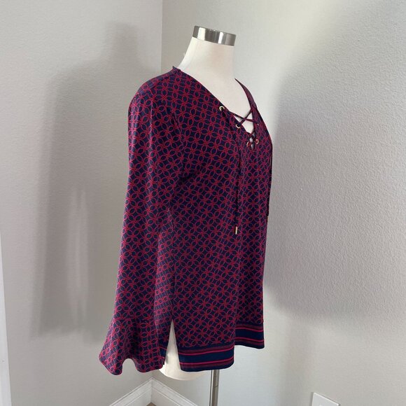 Michael Kors Womens Large Long Sleeve Stretch Top Red Rope Print V Neck Blouse - Picture 3 of 11